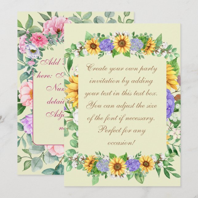 Convite Girassóis Elegantes & Hydrangeas Azuis (Frente/Verso)