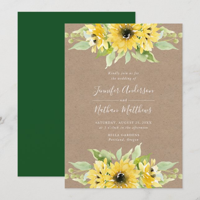 Convite Girassóis em Aquarela | Casamento em Papel Kraft R (Frente/Verso)
