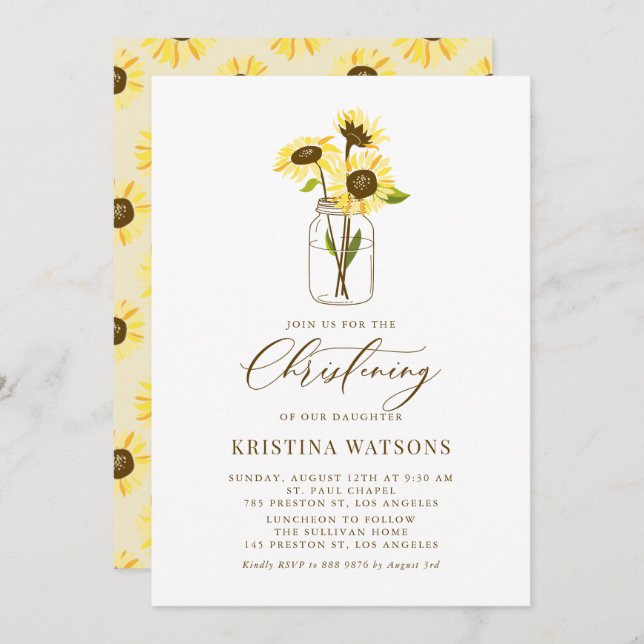 Convite Girassóis em Mason Jar Summer Christening (Frente/Verso)