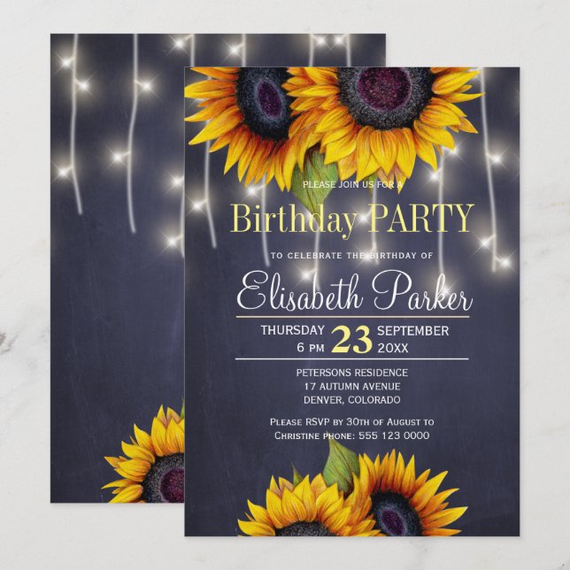 Convite Girassóis em quadro-negro festa de aniversário rús (Frente/Verso)