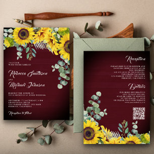 Convite Girassóis Eucalipto Código QR Casamento Borgonha