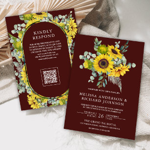 Convite Girassóis Eucalipto Código QR Casamento Borgonha