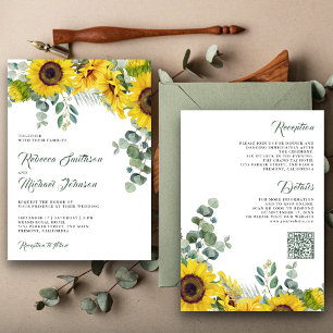 Convite Girassóis Eucalipto Tudo em Um Código QR Casamento