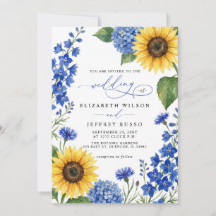 Convite Girassóis Florais Azul Royal Casamento Moderno