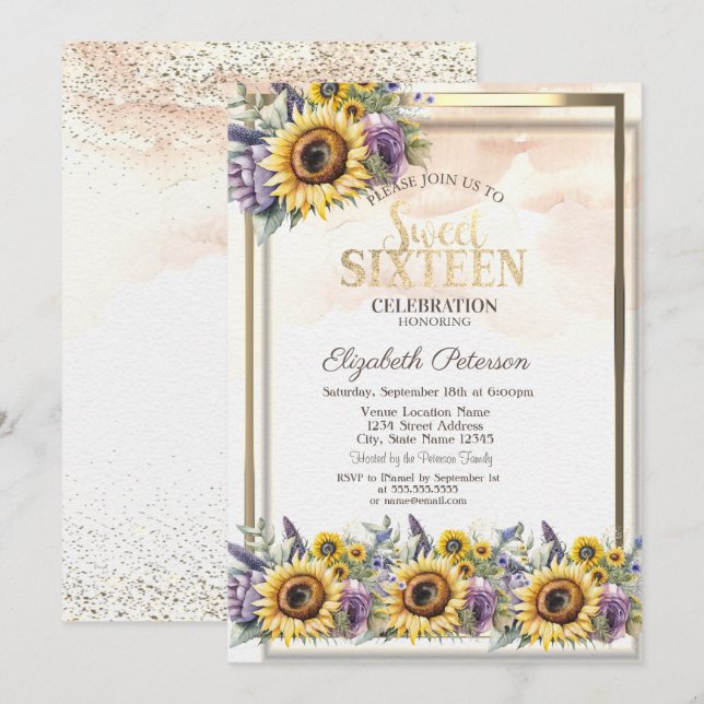 Convite Girassóis Flores Violeta Quadro Sweet 16 (Frente/Verso)