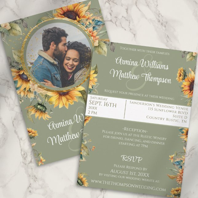 Convite Girassóis Foto de Casamento Verde Salvia Com RSVP (Criador carregado)