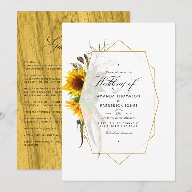 Convite Girassóis Herbário Rústico Casamento Boêmio (Frente/Verso)