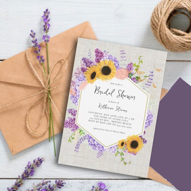 Convite Girassóis Lilac Hexágono Chá de panela Quic Russo (rustic bridal shower invitation sunflowers lilac hydrangea butterflies hexagon burlap country chic)