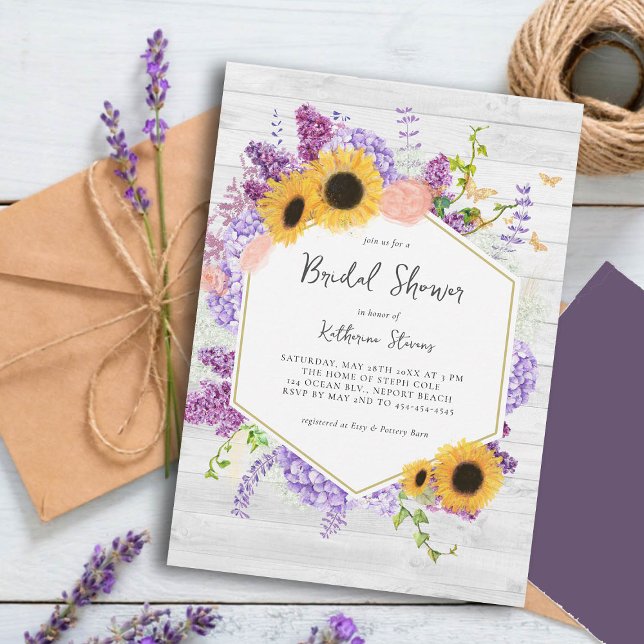 Convite Girassóis Lilac Hexágono Chá de panela Rústico de  (rustic bridal shower invitation sunflowers lilac hydrangea butterflies hexagon wood board country)