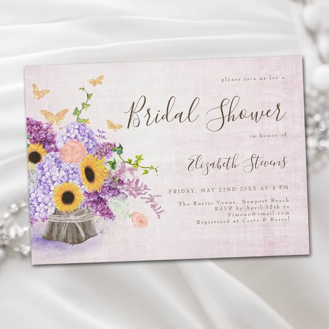 Convite Girassóis Lilac Hydrangea Wood Chá de panela (rustic sunflowers wood lilac hydrangea floral bridal shower invitation garden barn farm elegant chic)