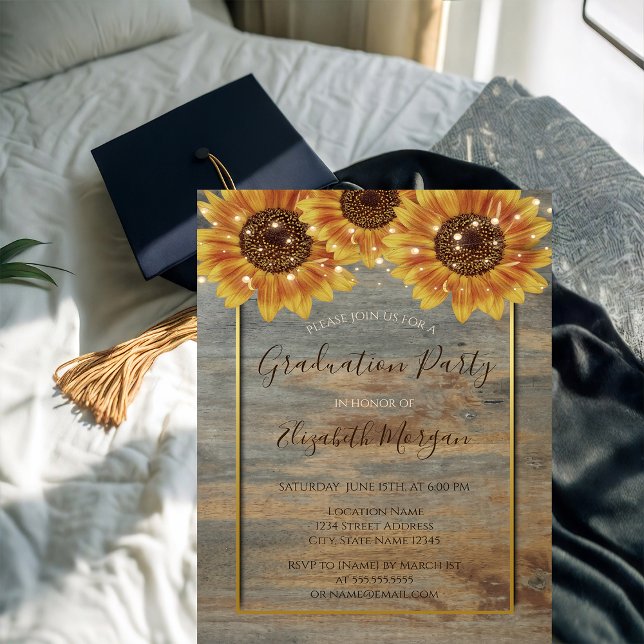 Convite Girassóis, Luzes, Madeira, Quadro Dourado Graduaçã (Criador carregado)