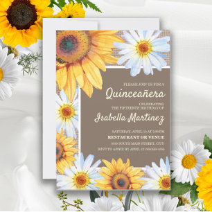 Convite Girassóis Margaridas Brancas de Tecido Quinceañera