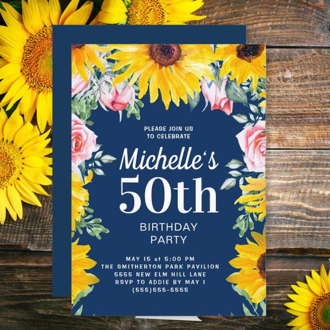 Convite Girassóis Rosa Rosas Rosa Marinho Azul 50º Anivers (Sunflowers and pink roses on navy blue 50th birthday party invitation)
