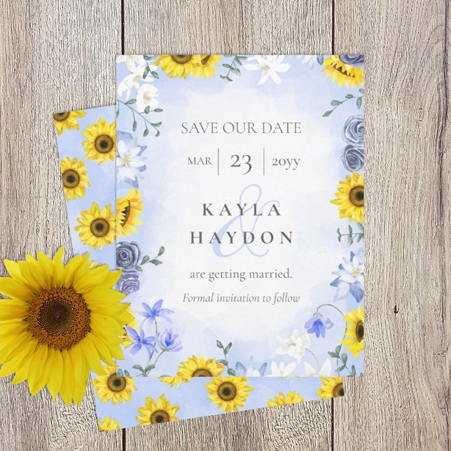 Convite Girassóis, Rosas Azuis Dusty Salvem a Data (sunflowers and dusty blue rose wedding save the date card, yellow gold light blue)