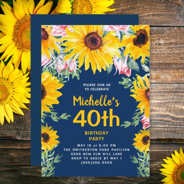 Convite Girassóis Rosas cor-de-rosa Marinho aniversário de (Sunflowers and pink roses on navy blue 40th birthday party invitation)
