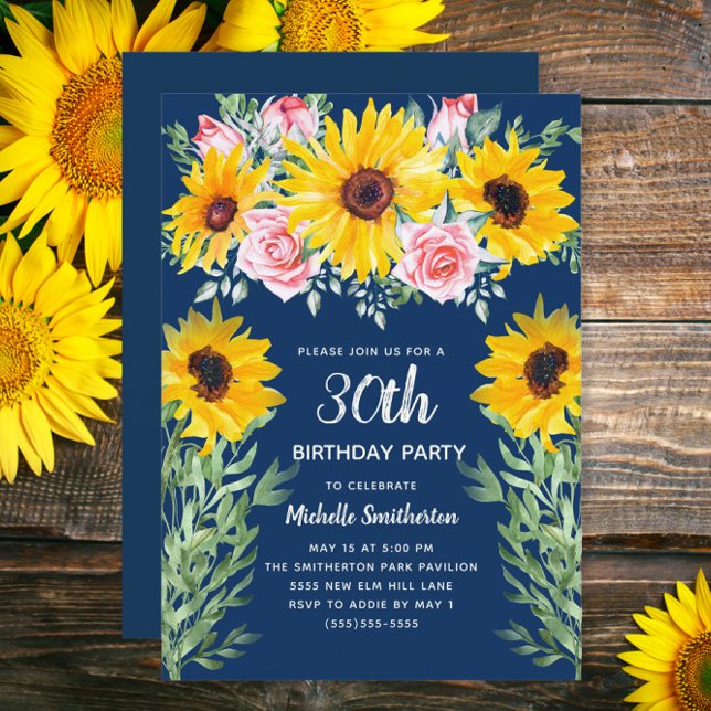 Convite Girassóis Rosas cor-de-rosa Marinho aniversário de (Sunflowers and pink roses on navy blue 30th birthday invitation)