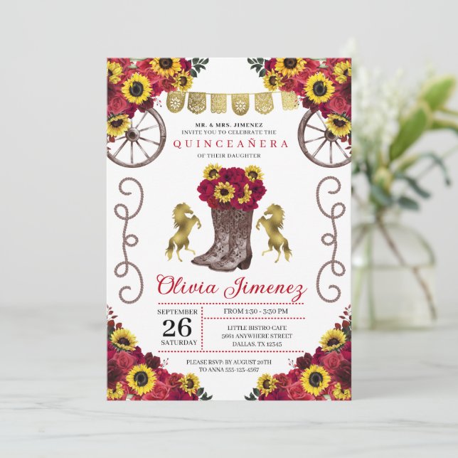 Convite Girassóis Rosas vermelhas Cowgirl Boots Quinceaner (Em pé/Frente)