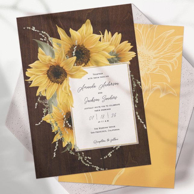 Convite Girassóis Russos Elegantes, Casamento outono (Rustic Sunflower, Elegant Country Wedding Invitations. Available in 4 color options.)