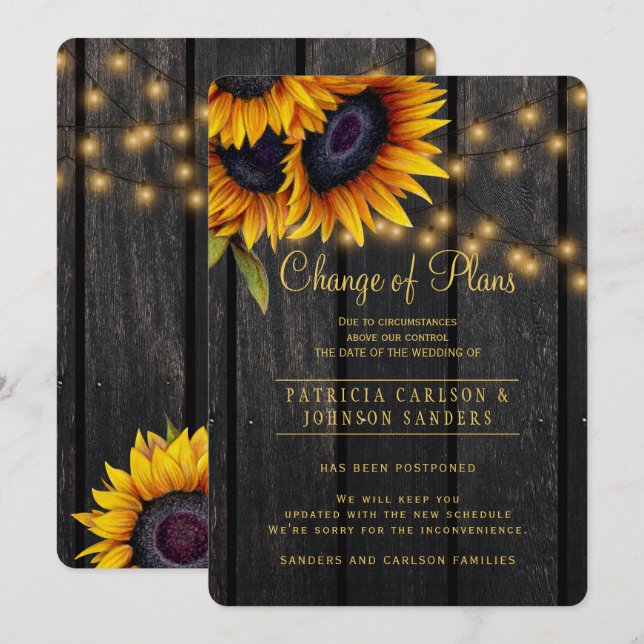 Convite Girassóis Rústicos aviso de mudança de planos (Frente/Verso)
