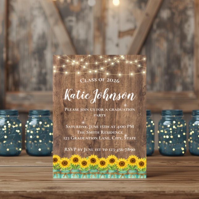 Convite Girassóis Rústicos e Jarra de Mason Azul para Form (Brighten your big day with this rustic sunflower and mason jar graduation invite on warm barn wood.)