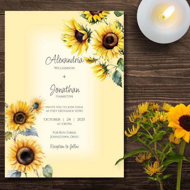 Convite Girassóis Rústicos em Casamento Dourado Pálido Des (Criador carregado)