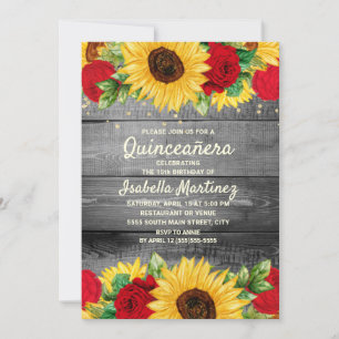Convite Girassóis Rústicos Rosas Vermelhas Quinceañera Fot