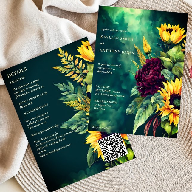 Convite Girassóis rústicos verdes-casamentos outono, todos (Fall wedding emerald green rustic yellow burgundy sunflowers all in one invitation template digital)