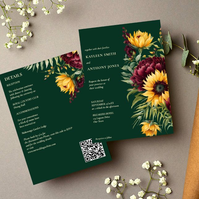 Convite Girassóis rústicos verdes-casamentos outono, todos (Emerald green rustic sunflowers fall summer all in one wedding invitation template digital download)