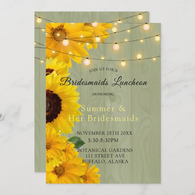 Convite Girassóis Sage Wood Lights Bridesmaids Lunchee (Frente/Verso)