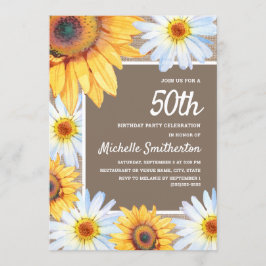 Convite Girassóis White Daisies Burlap 50th Birthday