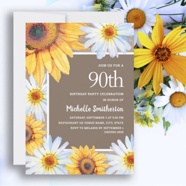 Convite Girassóis White Daisies Burlap 90 Aniversário (White daisies and sunflowers 90th birthday party invitation for women)