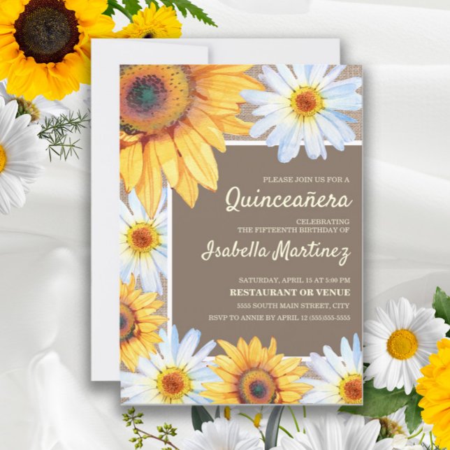 Convite Girassóis White Daisies Burlap Quinceañera 15 (Criador carregado)