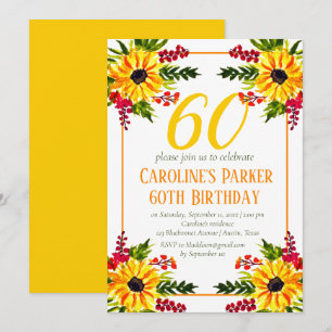 Convite Girassol 60º Aniversário Amarelo Adulto Floral
