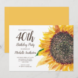 Convite Girassol Amarelo Aquarela 40º Aniversário Mulheres