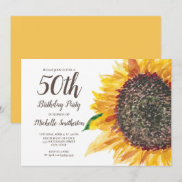 Convite Girassol Amarelo Aquarela 50º Aniversário Mulheres
