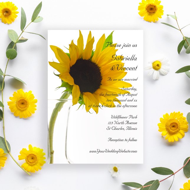 Convite Girassol Amarelo no Casamento Branco (Set the tone for a summer  or fall marriage with the pretty Sunflower on White Wedding Invitation.)