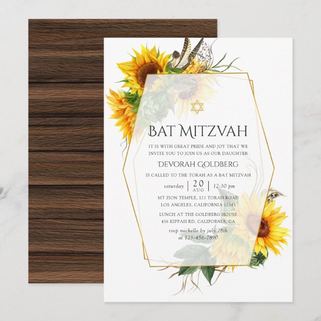 Convite Girassol Aquarela Geométrico Rústico Bat Mitzvah (Frente/Verso)