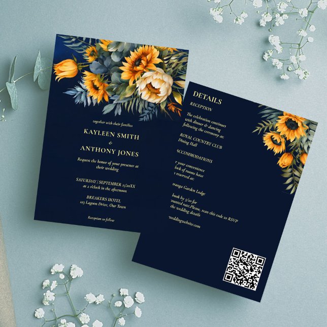 Convite girassol azul-rústico do marinho do casamento outo (Fall summer wedding navy blue rustic sunflowers all in one invitation template digital download)