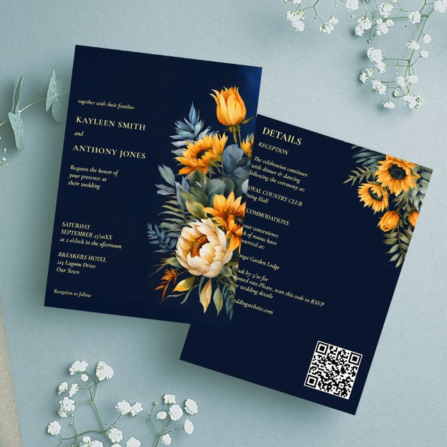 Convite girassol azul-rústico do marinho do casamento outo (Fall wedding navy blue rustic sunflower all in one invitation editable template digital dowbload)