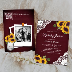 Convite Girassol Borgonha Código QR Foto Chá de Noiva