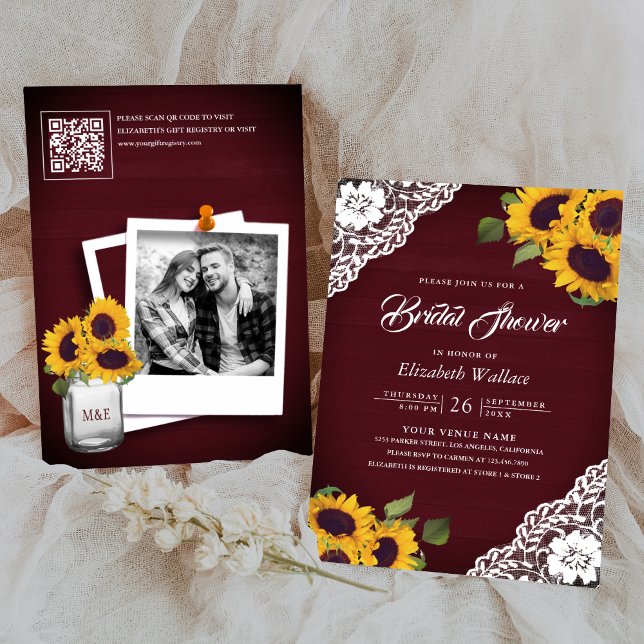 Convite Girassol Borgonha Código QR Foto Chá de Noiva (Criador carregado)