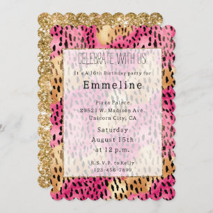Convite Girassol Dourado Leopardo Rosa