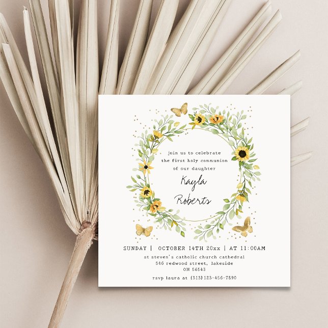 Convite Girassol e borboletas Primeira Comunhão Santa (Criador carregado)