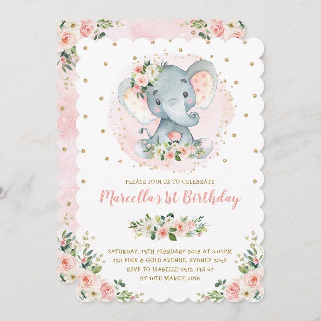 Convite Girassol Elefante Peach Blush primeiro aniversario (Frente/Verso)
