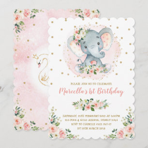 Convite Girassol Elefante Peach Blush primeiro aniversario
