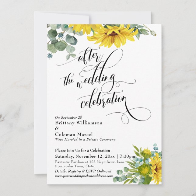 Convite Girassol Eucalipto Celebração Depois do Casamento (Frente)