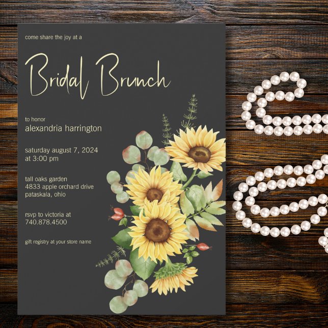 Convite Girassol & Eucalipto em Brunch Nupcial Preto (Criador carregado)