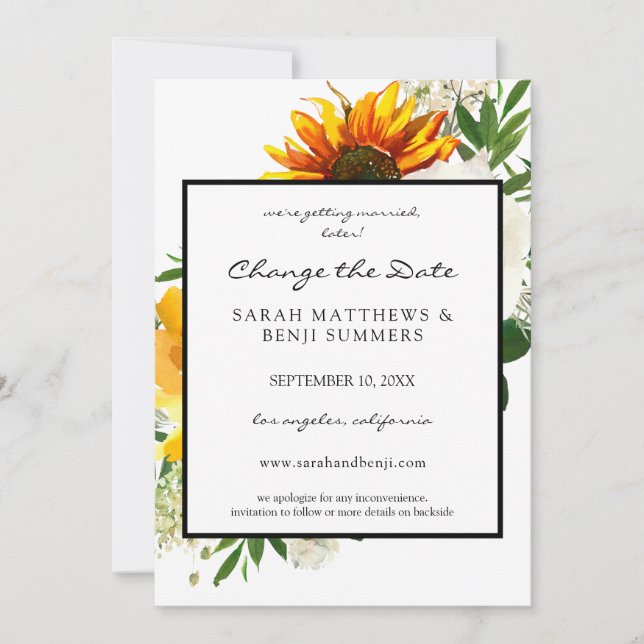 Convite Girassol Floral Artístico Branco Mudar a Data (Frente)