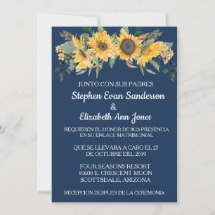 Convite Girassol Floral Azul Marinho Casamento Espanhol