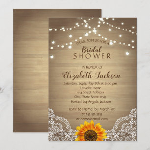 Convite Girassol, laço, chá de panela rústico de madeir